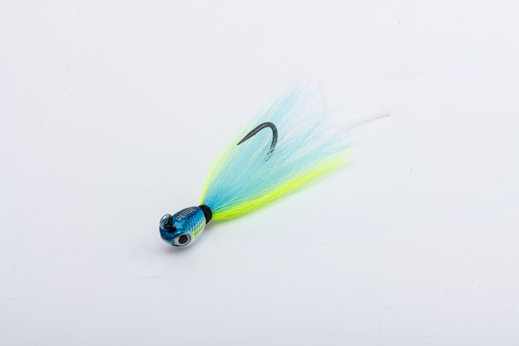Rooster Bucktail Rattle Jig 1oz - VENSE, Giro - Blue/White/Fluorescent Yellow