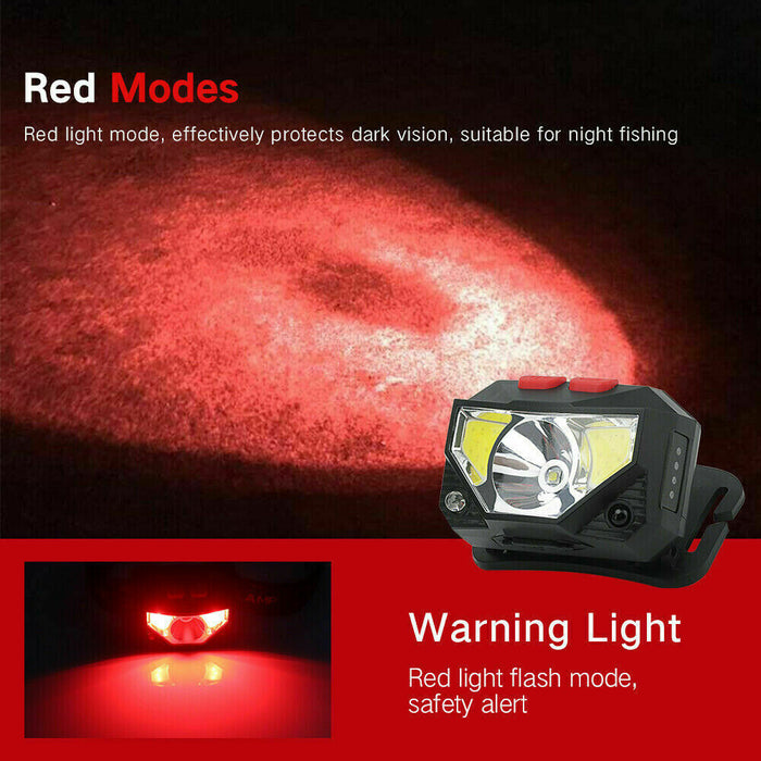 Motion Sensor COB LED Headlamp USB Rechargeable Head Light Flashlight Torch Lamp